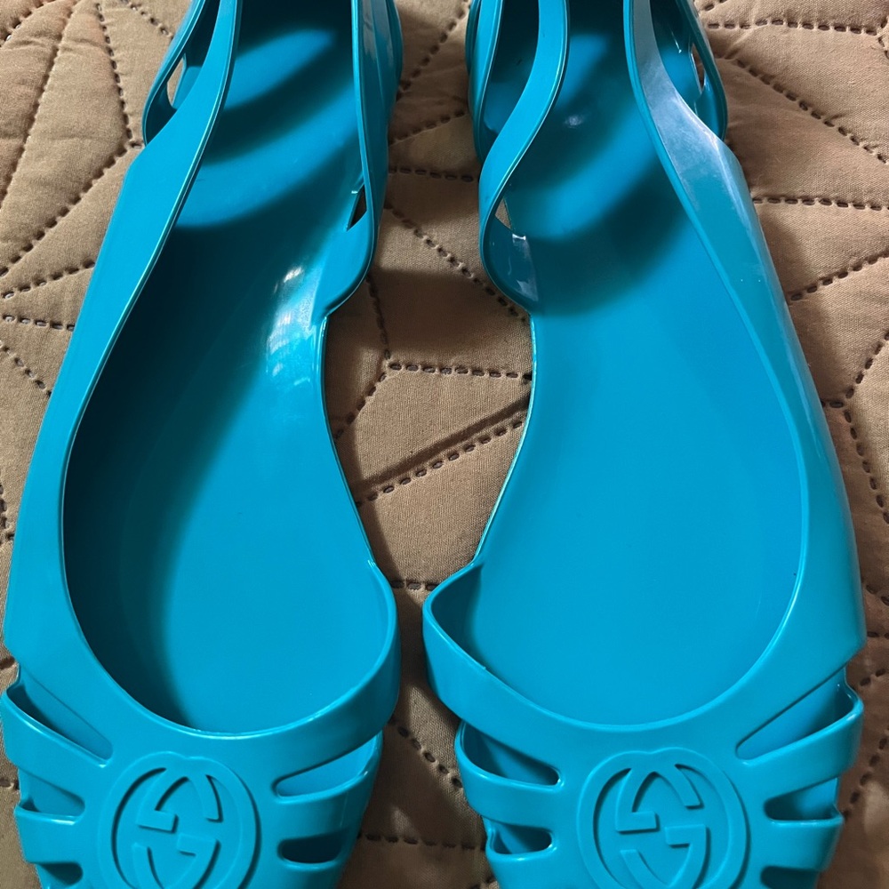Gucci Teal Blue Rubber Ballet Flats